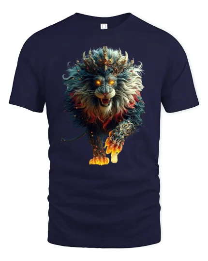 Fire Lion King Mythic Beast Power Graphic T-Shirt - navy t-shirt on white background