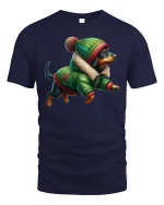 Cozy Pup in Winter Coat Funny Dog Lover T-Shirt - navy t-shirt on white background