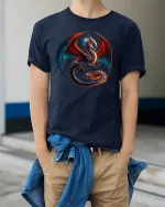 Fire and Shadow Dragon Battle Graphic T-Shirt - model wearing navy tee with hands in pockets
