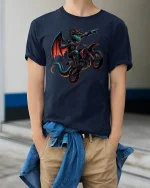 Moto Dragon Rider Extreme Fantasy Biker T-Shirt - model wearing navy tee with hands in pockets