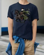 Desert Knight Warrior Epic Horse Rider Graphic Tee - model wearing navy tee with hands in pockets