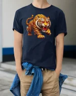 Fierce Tiger Roar Wild Jungle Power Graphic T-Shirt - model wearing navy tee with hands in pockets