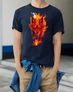 Fire Wolf Spirit Flame Beast Power Graphic T-Shirt - model wearing navy tee with hands in pockets