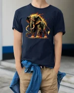 Inferno Mammoth Fire Beast Fantasy Graphic T-Shirt - model wearing navy tee with hands in pockets
