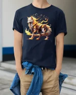 Fire Wolf Spirit Mythical Flame Beast Graphic T-Shirt - model wearing navy tee with hands in pockets
