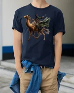 Desert Warrior Rider Epic Camel Adventure T-Shirt - model wearing navy tee with hands in pockets