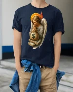 Money Angel Blessings Rich Life Funny Graphic T-Shirt - model wearing navy tee with hands in pockets