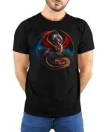 Fire and Shadow Dragon Battle Graphic T-Shirt - model wearing black tee with hands behind back