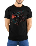 Moto Dragon Rider Extreme Fantasy Biker T-Shirt - model wearing black tee with hands behind back