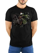 Desert Knight Warrior Epic Horse Rider Graphic Tee - model wearing black tee with hands behind back