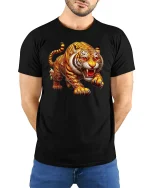 Fierce Tiger Roar Wild Jungle Power Graphic T-Shirt - model wearing black tee with hands behind back