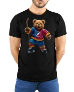 Hockey Bear Fun Sports Player Cool Graphic T-Shirt - model wearing black tee with hands behind back