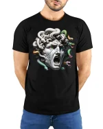 Medusa Stone Head Mythical Monster Graphic T-Shirt - model wearing black tee with hands behind back