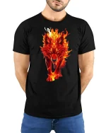 Fire Wolf Spirit Flame Beast Power Graphic T-Shirt - model wearing black tee with hands behind back