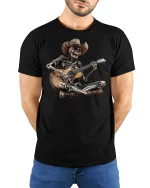 Cowboy Skeleton Guitar Jam Funny Graphic T-Shirt - model wearing black tee with hands behind back