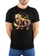 Fire Wolf Spirit Mythical Flame Beast Graphic T-Shirt - model wearing black tee with hands behind back