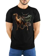 Desert Warrior Rider Epic Camel Adventure T-Shirt - model wearing black tee with hands behind back