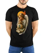 Money Angel Blessings Rich Life Funny Graphic T-Shirt - model wearing black tee with hands behind back