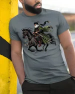 Desert Knight Warrior Epic Horse Rider Graphic Tee - model wearing grey tee, leaning on column