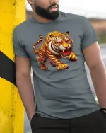 Fierce Tiger Roar Wild Jungle Power Graphic T-Shirt - model wearing grey tee, leaning on column