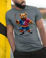 Hockey Bear Fun Sports Player Cool Graphic T-Shirt - model wearing grey tee, leaning on column