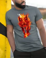 Fire Wolf Spirit Flame Beast Power Graphic T-Shirt - model wearing grey tee, leaning on column