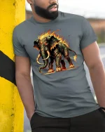 Inferno Mammoth Fire Beast Fantasy Graphic T-Shirt - model wearing grey tee, leaning on column