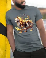 Fire Wolf Spirit Mythical Flame Beast Graphic T-Shirt - model wearing grey tee, leaning on column