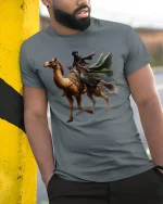 Desert Warrior Rider Epic Camel Adventure T-Shirt - model wearing grey tee, leaning on column