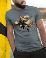 Cowboy Whip Master Wild West Action Hero T-Shirt - model wearing grey tee, leaning on column