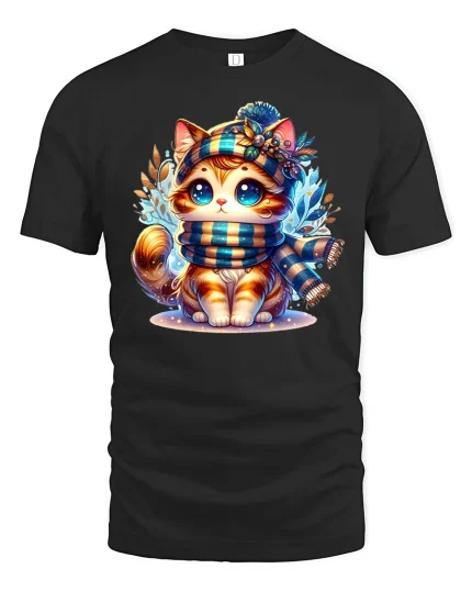 Cute Winter Cat Cozy Scarf Funny Animal Lover T-Shirt - black t-shirt on white background