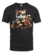 Steampunk Cat Driving Car Funny Animal Lover T-Shirt - black t-shirt on white background