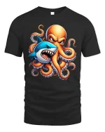 Shark vs Octopus Battle Ocean Monster Graphic T-Shirt - black t-shirt on white background