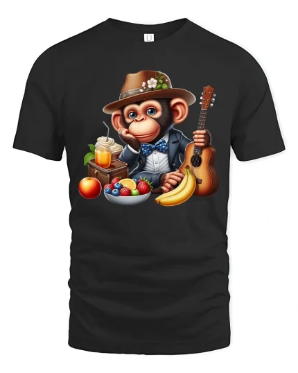 Dapper Monkey Breakfast Vibes Funny Animal T-Shirt - black t-shirt on white background