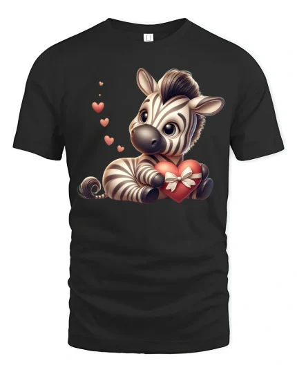 Cute Zebra Holding Heart Valentine Gift Graphic T-Shirt - black t-shirt on white background