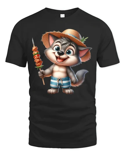 Cute Summer Wolf BBQ Funny Beach Vacation T-Shirt - black t-shirt on white background