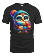 Cute Winter Owl in Colorful Scarf Cozy Graphic T-Shirt - black t-shirt on white background