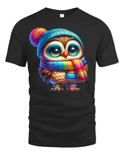 Cute Winter Owl in Colorful Scarf Cozy Graphic T-Shirt - black t-shirt on white background
