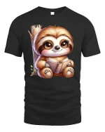 Cute Reading Sloth Book Lover Funny Graphic T-Shirt - black t-shirt on white background