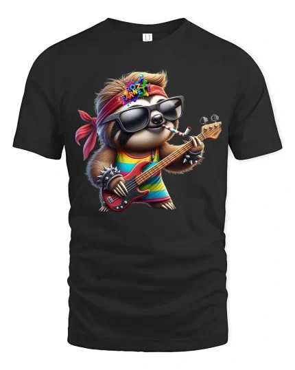 Rockin’ Sloth Funny Guitar Player Cool Graphic T-Shirt - black t-shirt on white background
