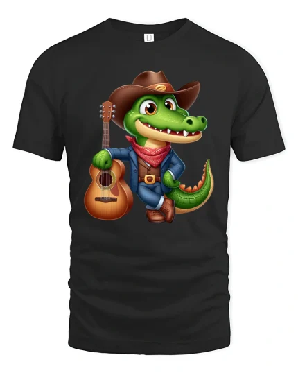 Cowboy Alligator Guitar Lover Funny Country T-Shirt - black t-shirt on white background