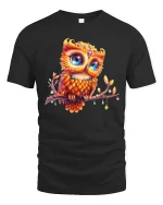 Colorful Owl Art Cute Bird Lover Fantasy Graphic T-Shirt - black t-shirt on white background