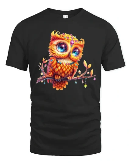 Colorful Owl Art Cute Bird Lover Fantasy Graphic T-Shirt - black t-shirt on white background
