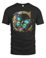 Elegant Butterfly Floral Monogram Letter C Graphic T-Shirt - black t-shirt on white background