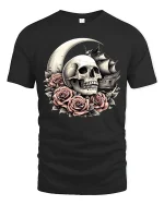 Skull Moon Roses Pirate Ship Gothic Art Graphic T-Shirt - black t-shirt on white background