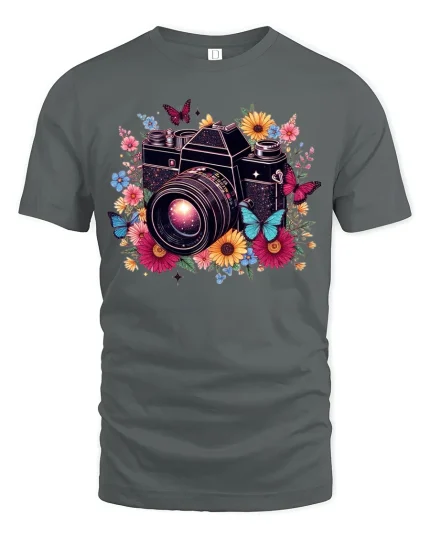 Floral Camera Love Photographer Aesthetic Graphic T-Shirt - gray t-shirt on white background