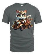 Steampunk Cat Driving Car Funny Animal Lover T-Shirt - gray t-shirt on white background