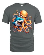 Shark vs Octopus Battle Ocean Monster Graphic T-Shirt - gray t-shirt on white background