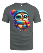 Cute Winter Owl in Colorful Scarf Cozy Graphic T-Shirt - gray t-shirt on white background