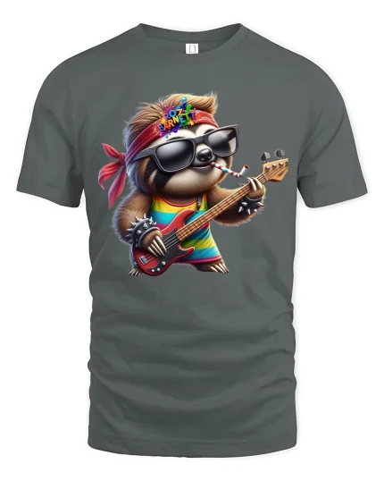 Rockin’ Sloth Funny Guitar Player Cool Graphic T-Shirt - gray t-shirt on white background